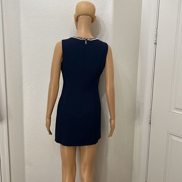 Karl Lagerfeld Paris Dress Sz 2 Scoop Neck Sleeveless Navy Blue Pearls Gold Mini - Picture 6 of 9